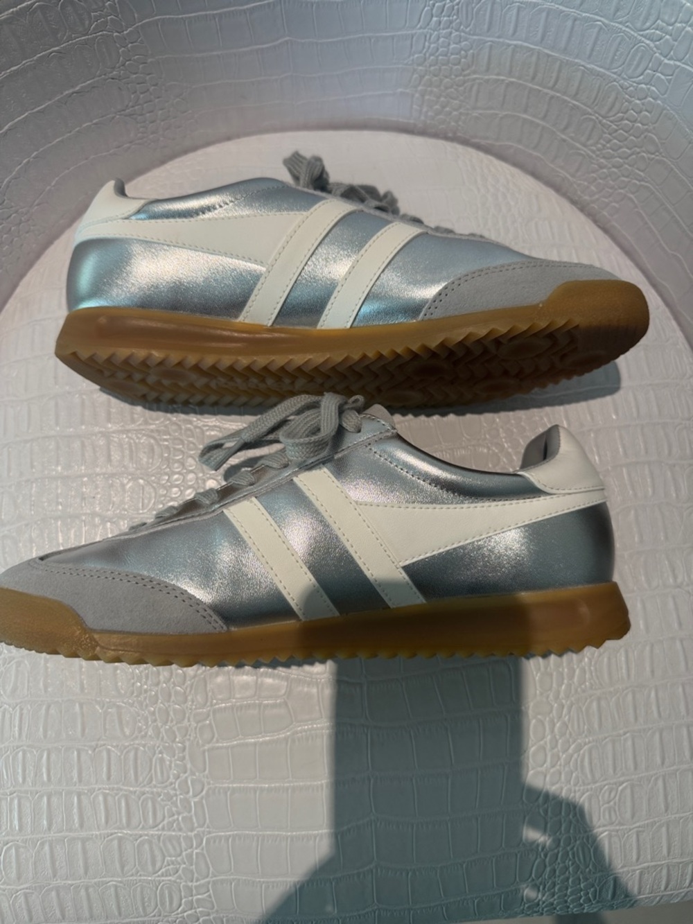 Gola Ladies Silver Sneakers with White Stripes and Gum Sole - Picture 4 of 9